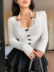 DAZY Ballet Style 2 In 1 With Bow Decor Fitted Women T-Shirt,Back To School Clothes Long Sleeve Women Tops