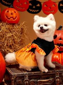 PETSIN 1pc Pet Halloween Funny Expression Print Dress Pumpkin & Bow Decor Orange Black Mesh Cap Sleeve Dog Dress