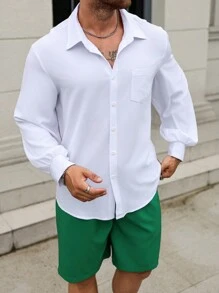 Manfinity Homme Bộ đồ thường ngày áo sơ mi dài tay rộng rãi màu trơn và quần short cỡ lớn cho nam - Nhiều màu - Xem 3