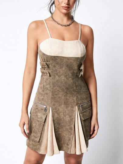 Grunge Punk Robe glissière en suède à couleur contrastée et épissure pour femmes, style scolaire