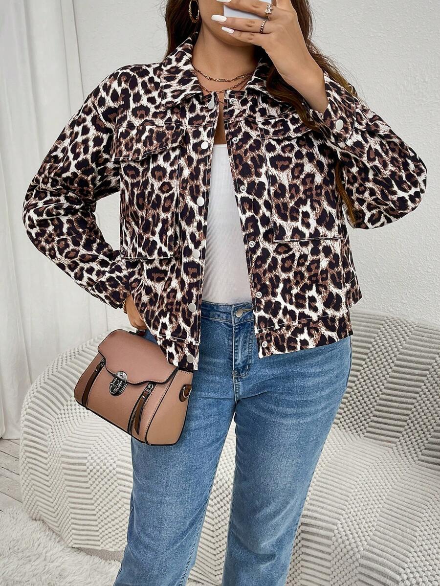 SHEIN Essnce 大码女式豹纹夹克休闲时尚潮流 - 彩色 - 查看 1