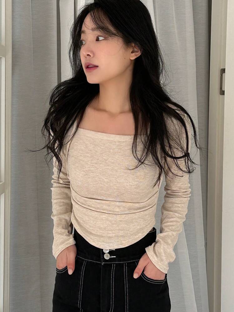 Women's Solid Color Fitted Cropped T-Shirt, Apricot, Spring/Summer Long Sleeve Women