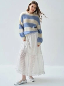 Enchnt 女士撞色圆领长袖休闲毛衣 - 藍色 - 查看 3