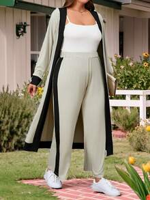 SHEIN LUNE Plus Size Women's Spring/Summer Contrast Color Long Sleeve Cardigan And Casual Pants 2 Pieces Set - Multicolor - View 2