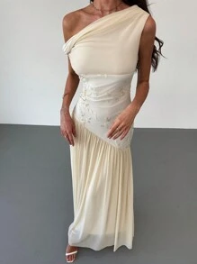 Aloruh New Off Shoulder Contrast Color Mesh Floral Embroidered Asymmetric Hem Maxi Stretch Dress,Summer Dresses
Spring Clothes