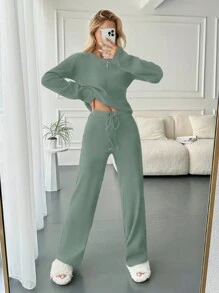 RueChic Solid Tee & Drawstring Waist Pants - Mint Green - View 3