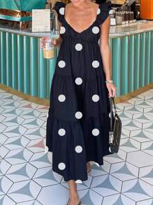 SHEIN Essnce 宽松波点蝴蝶袖中长款细肩带连衣裙，藏青色V领波点细肩带连衣裙，适合夏春两季，女装