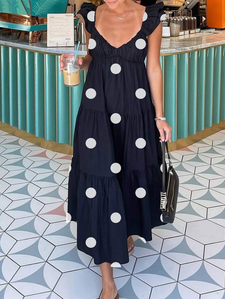 SHEIN Essnce 宽松波点蝴蝶袖中长款细肩带连衣裙，藏青色V领波点细肩带连衣裙，适合夏春两季，女装