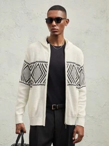 AKNOTIC Business Casual Men's Oversized Casual Color Blocking Pattern Knitted Hooded Cardigan, Suitable For Autumn And Winter - Apricot - View 6