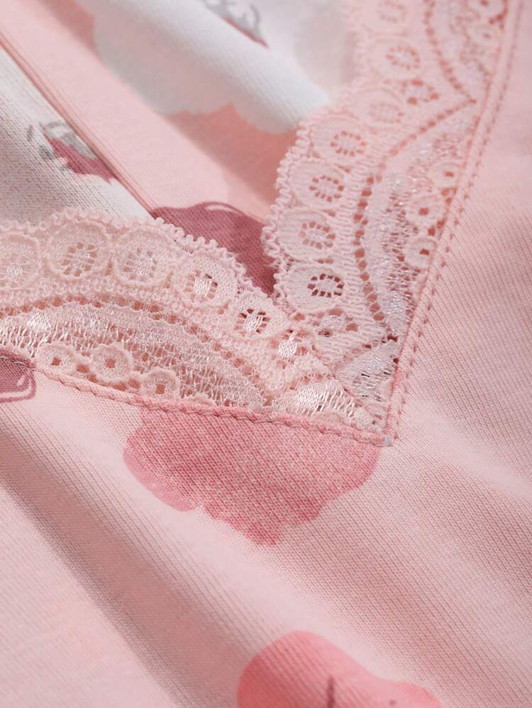 Floral Print Lace Patchwork Loose Fit Sleepwear Set Pajama