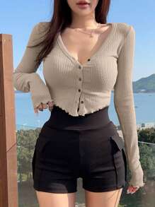 DAZY Blusa de manga larga con botones para mujer, ropa de otoño - Albaricoque - Ver 5