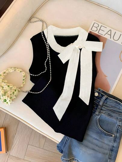 Franclia 撞色块无袖系腰短款上衣，休闲日常穿着图案 T 恤女式上衣