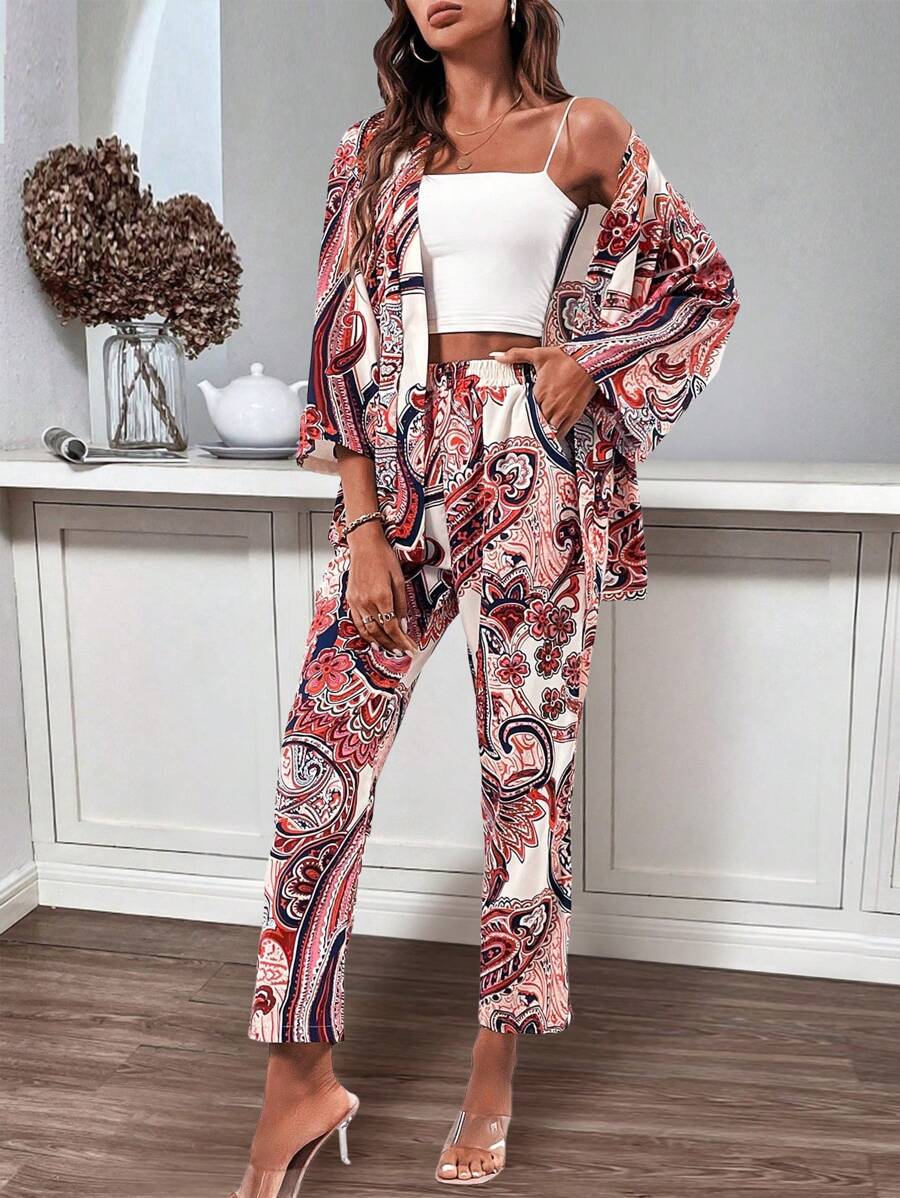 SHEIN LUNE Conjunto informal de 2 piezas con cárdigan y pantalones de mujer con estampado floral de manga 3/4, primavera y verano - Multicolor - Ver 1