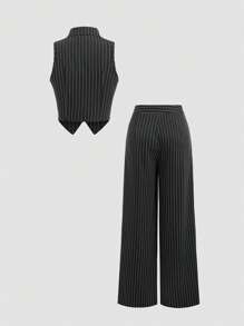 Sweetra 2pcs Women's Summer Striped Lapel Single-Breasted Vest And Loose Pants Casual Set - Black - View 2
