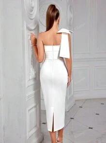 Elisanya Vestido de cóctel ADYCE de un hombro, unicolor, con lazo decorativo, escote strapless, abertura en la espalda y hasta la rodilla, blanco, elegante y semiformal para bodas, cumpleaños, graduación, cena o eventos