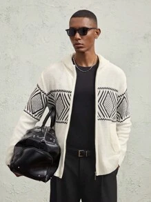 AKNOTIC Business Casual Men's Oversized Casual Color Blocking Pattern Knitted Hooded Cardigan, Suitable For Autumn And Winter - Apricot - View 4