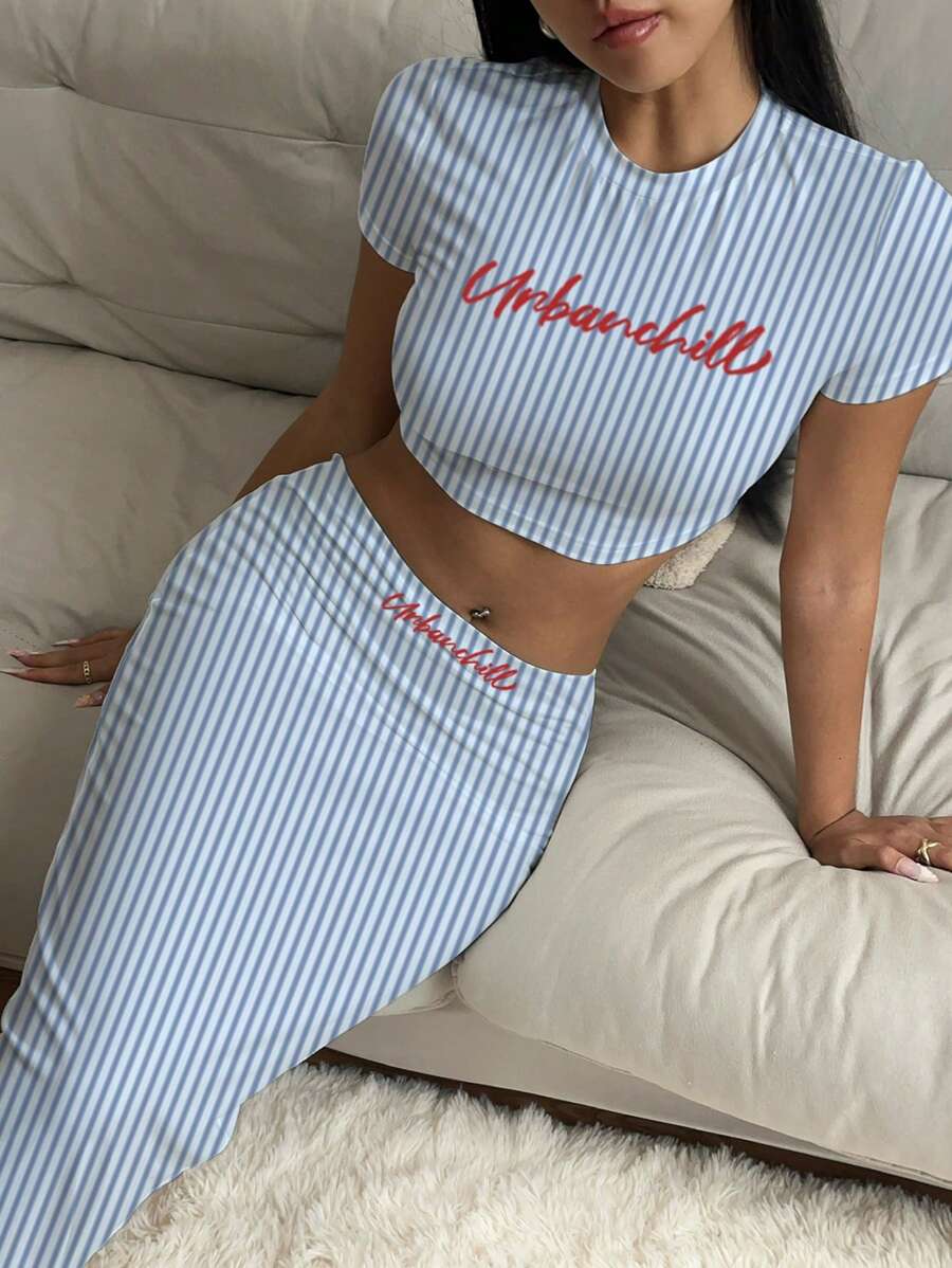 SHEIN SXY 2pcs/Set Casual Striped Print Cropped Short Sleeve T-Shirt And Bodycon Maxi Skirt, Summer Fall Clothes Women - White - View 1