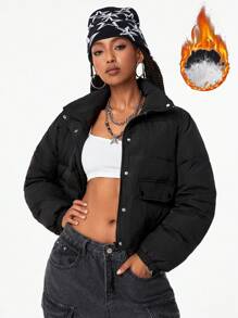 SHEIN EZwear Women's Winter Short Warm Quilted Fashion Jacket Zin Up Hooded Crop Coat - Black - View 1