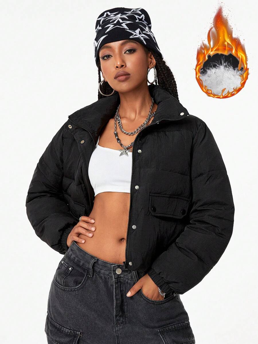 SHEIN EZwear Women's Winter Short Warm Quilted Fashion Jacket Zin Up Hooded Crop Coat - Black - View 1