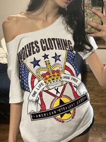 INAWLY Áo thun nữ tay ngắn cổ bất đối xứng in họa tiết tối giản, áo thun họa tiết mùa hè - trắng - Xem 1