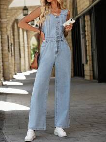 SHEIN LUNE 女式夏季前扣 V 领无袖休闲牛仔连体裤