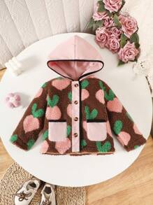Toddler Girls Quilted Fruit Print Plush Jacket With Padded Hood, Warm Casual Winter Outerwear