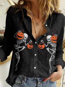 全新趣味南瓜骷髅怪物印花万圣节女式休闲宽松柔软翻领长袖衬衫 - 黑色 - 查看 1