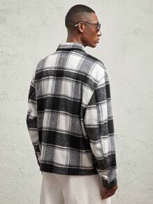 Business Casual Men's Woven Plaid Loose Casual Turndown Collar Jacket, For Fall Winter - Black and White - View 8