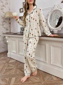 CottageSlumber Conjunto de ropa de dormir con camisa con cuello vuelto y pantalones con estampado de oso y floral, con ribete de color block para mujer