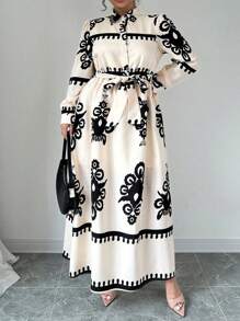 Flirla 加大码长袖抽绳腰部印花休闲宽松优雅连衣裙长款女装 - 杏色 - 查看 5