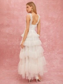 SHEIN Dam sommar Enfärgad Mesh Kontrast Rufsig midja Tie Maxi Elegant Slip Dress - Vitt - Visa 2