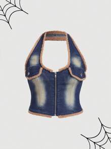 SHEIN MOD Plus Size Denim Halter Top Bodycon With Frayed Patchwork, Blue