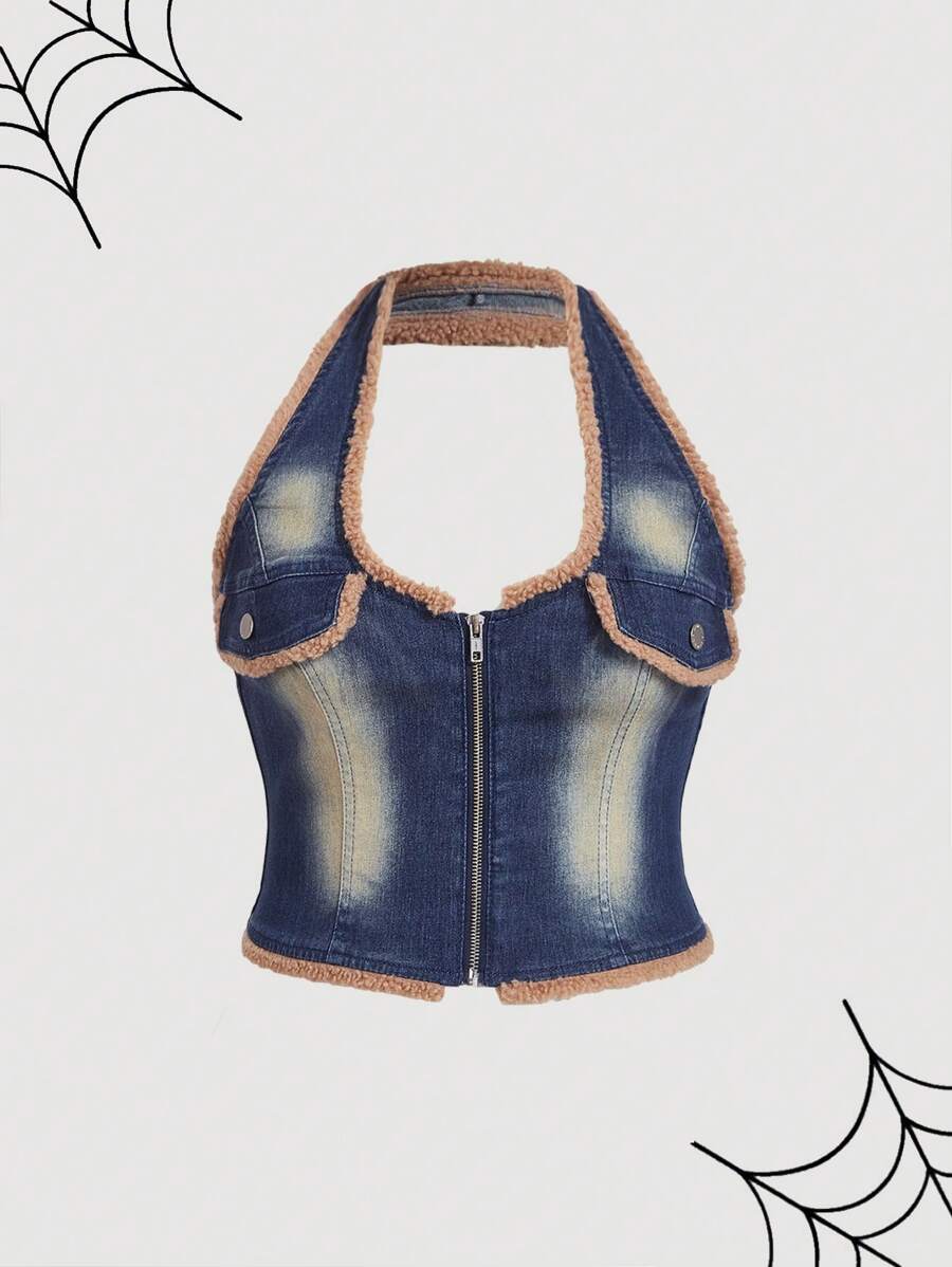 SHEIN MOD Plus Size Denim Halter Top Bodycon With Frayed Patchwork, Blue