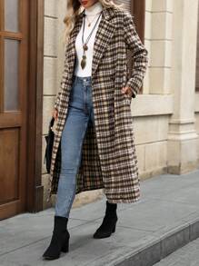 EMERY ROSE Abrigo de mezcla de punto casual largo con cuello de solapa, de manga larga a cuadros, para otoño e invierno, para mujer