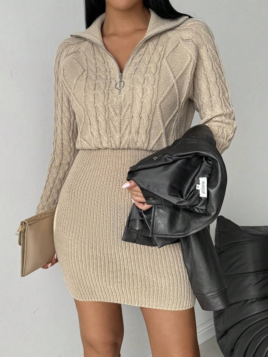 SHEIN Clasi Áo len dệt kim bó sát cổ bẻ khóa kéo nửa thời trang mới cho nữ - Màu be - Xem 1