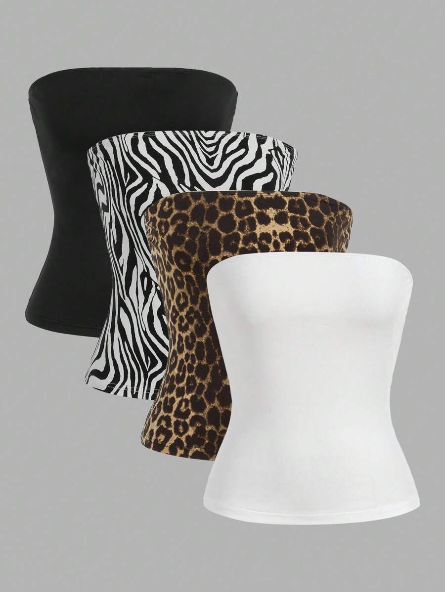 SHEIN EZwear 4 件套女士时尚动物印花抹胸，夏季 - 黑與白 - 查看 1