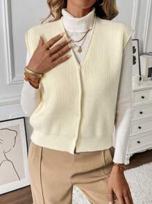 SHEIN LUNE Women's Solid Color V-Neck Casual Versatile Sweater Vest, Fall/Winter - Apricot - View 3