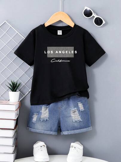2pcs/Set Young Boy Simple English Letters Print T-Shirt And Ripped Denim Jeans Set Black Baby Boys Sets Summer Holiday