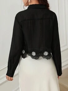 Chiquease Áo cánh tay ngắn thêu họa tiết hoa 3D viền gấu thời trang, áo dài tay - màu đen - Xem 2