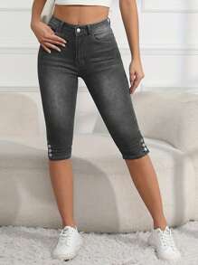 Women's Casual Stretch Skinny Cropped Jeans - Xám - Xem 3