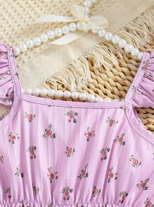 SHEIN 年轻女孩度假碎花领和短袖可爱衬衫 - 淡紫色 - 查看 5