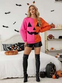 SHEIN Essnce 女士秋季休闲时尚热粉色与热橙色拼色印花圆领长袖运动衫、南瓜万圣节运动衫、超大码衣服 - 彩色 - 查看 7