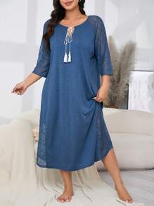 Plus Size Casual Hollow Out Lace Patchwork Fringes Tie Up Dress - Blue - View 3