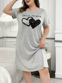 Plus Letter & Star Sky Heart Printed Short Sleeve T-Shirt Style Nightgown, Moo Moo - Light Grey - View 5
