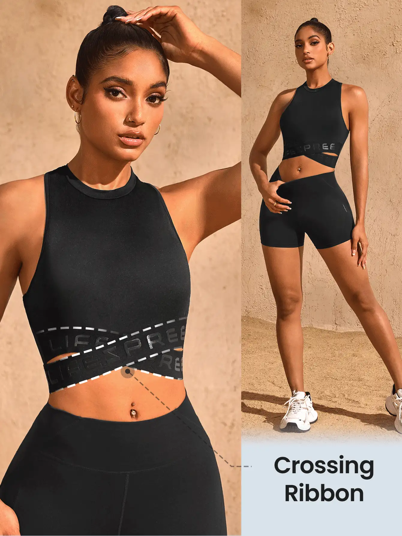 SHEIN Sports Solid Color Letter Woven Strap Criss-Cross Hollow Sports Tank Top - Black - View 3