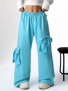 SHEIN EZwear 女士纯色蝴蝶结阔腿工装裤 - 藍色 - 查看 1