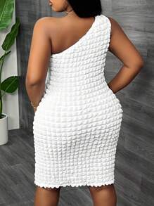 Slaydiva Plus Size Casual Asymmetric Shoulder Fitted Mini Dress, White Bubble Texture, Spring/Summer,Graduation Dress - White - View 2
