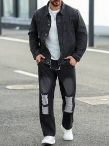 Manfinity Homme Plus Size Men's Solid Color Long Sleeve Jacket And Long Pants Denim Fall Outfits Suit - Black - View 8