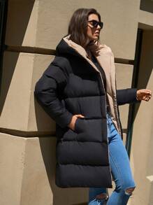 RueChic 2-Tone Hooded Zippered Pockets Mid-Length Parka Coat - Multicolor - View 3