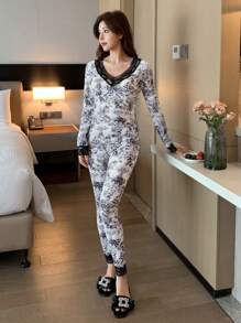 DAZY Lace Patchwork Pattern Allover Print Slim V-Neck Long Sleeve Top And Long Pants Pajama Set, Fall Clothes - Black and White - View 7
